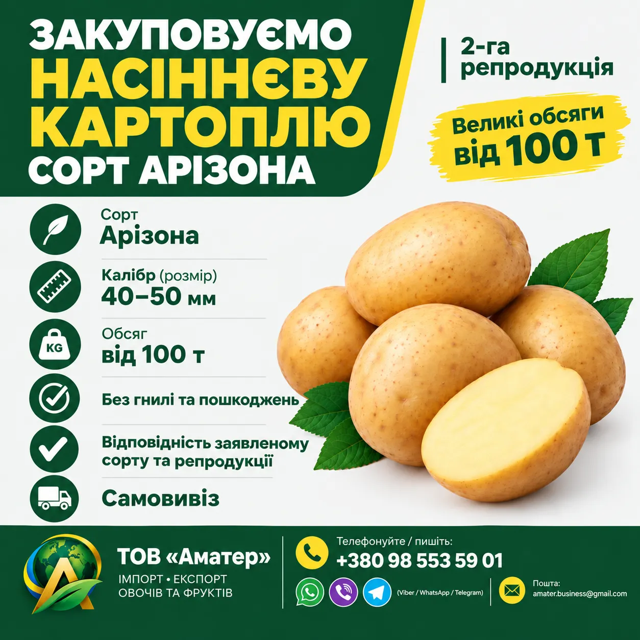 Закуповуємо насіннєву картоплю Арізона 2 репродукція великі об'єми 